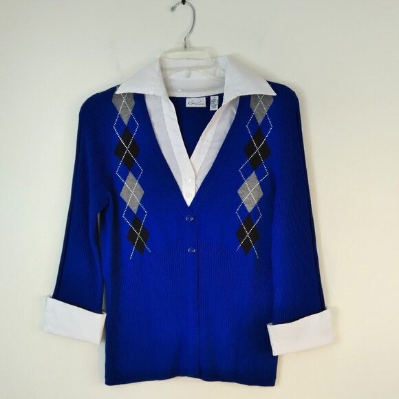 Royal Blue  with Argyle Design VNeck Sweater with Faux Built In White Shirt Sz S - Picture 1 of 10